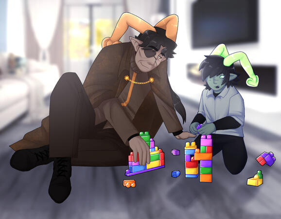 Detailed shading full body with a photo background (Character (left) belongs to Consspiral, character (right) belongs to me.)