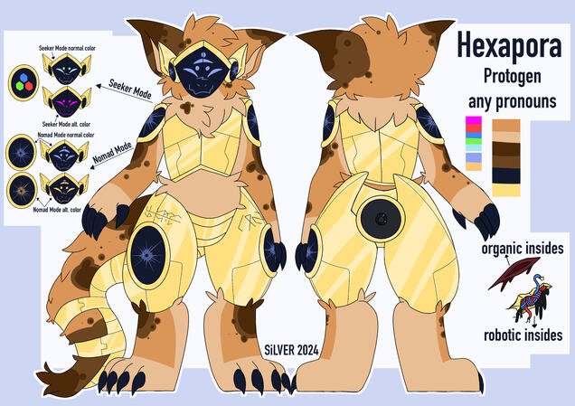 custom design + reference sheet [character belongs to @chromonym on tumblr, designed by me]